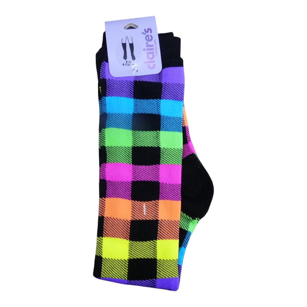 Claire's Knee High Socks Girls 9-11 Rainbow NWT Neon Buffalo Plaid Checkered